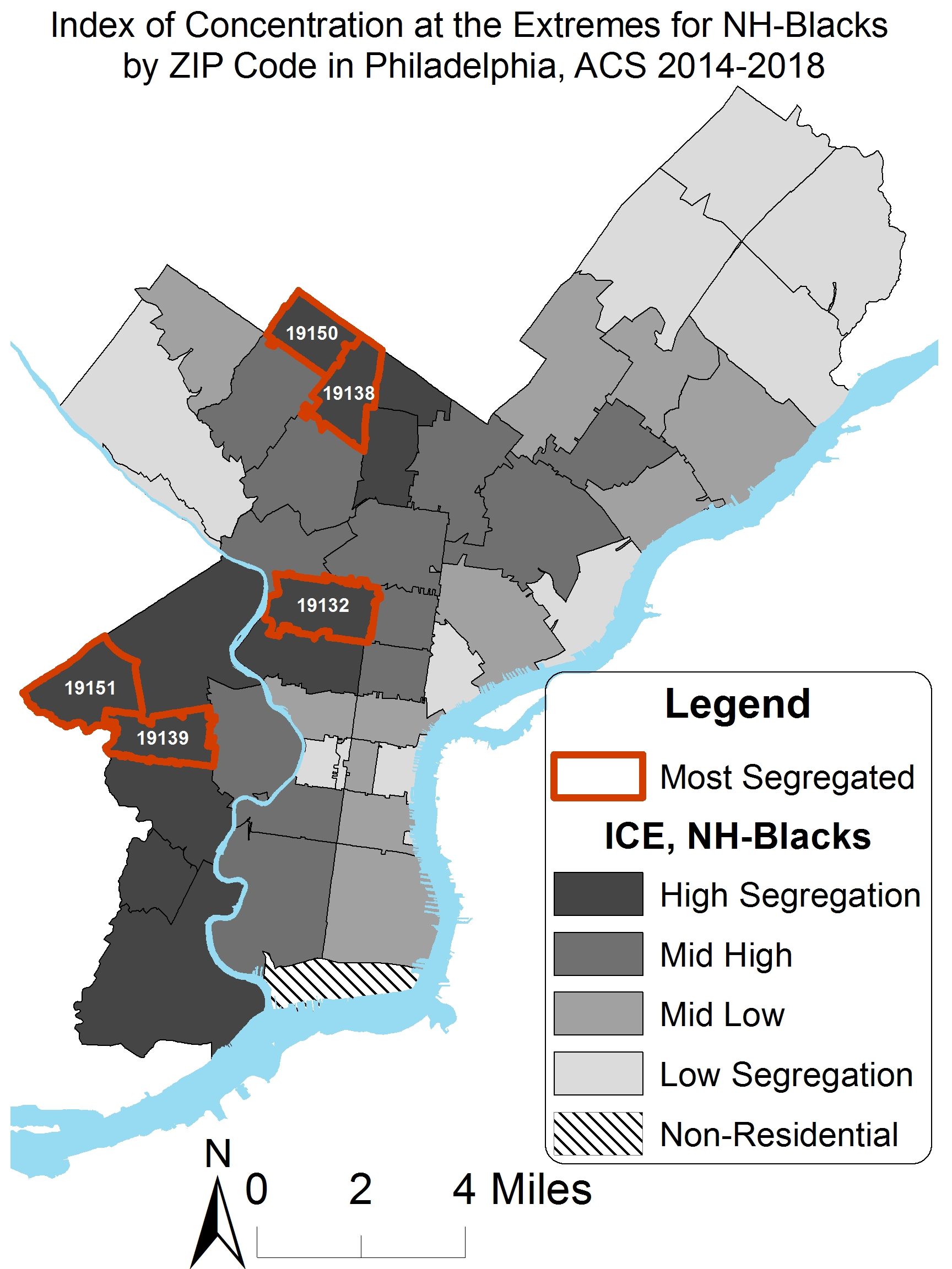 Index of concentration at the extremes for non hispanic blacks by zip code in Philadelphia ACS 2-14-2018
